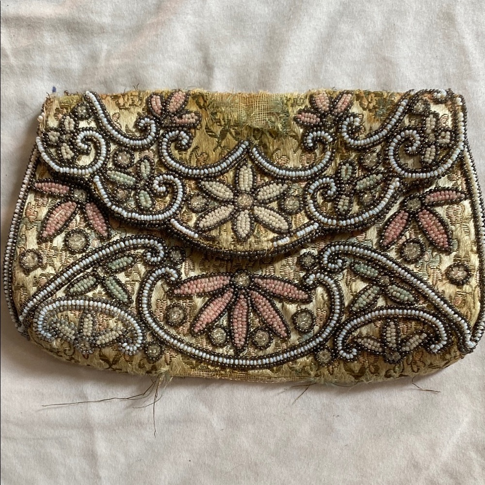 Neiman Marcus Gold and Pink Beaded Clutch